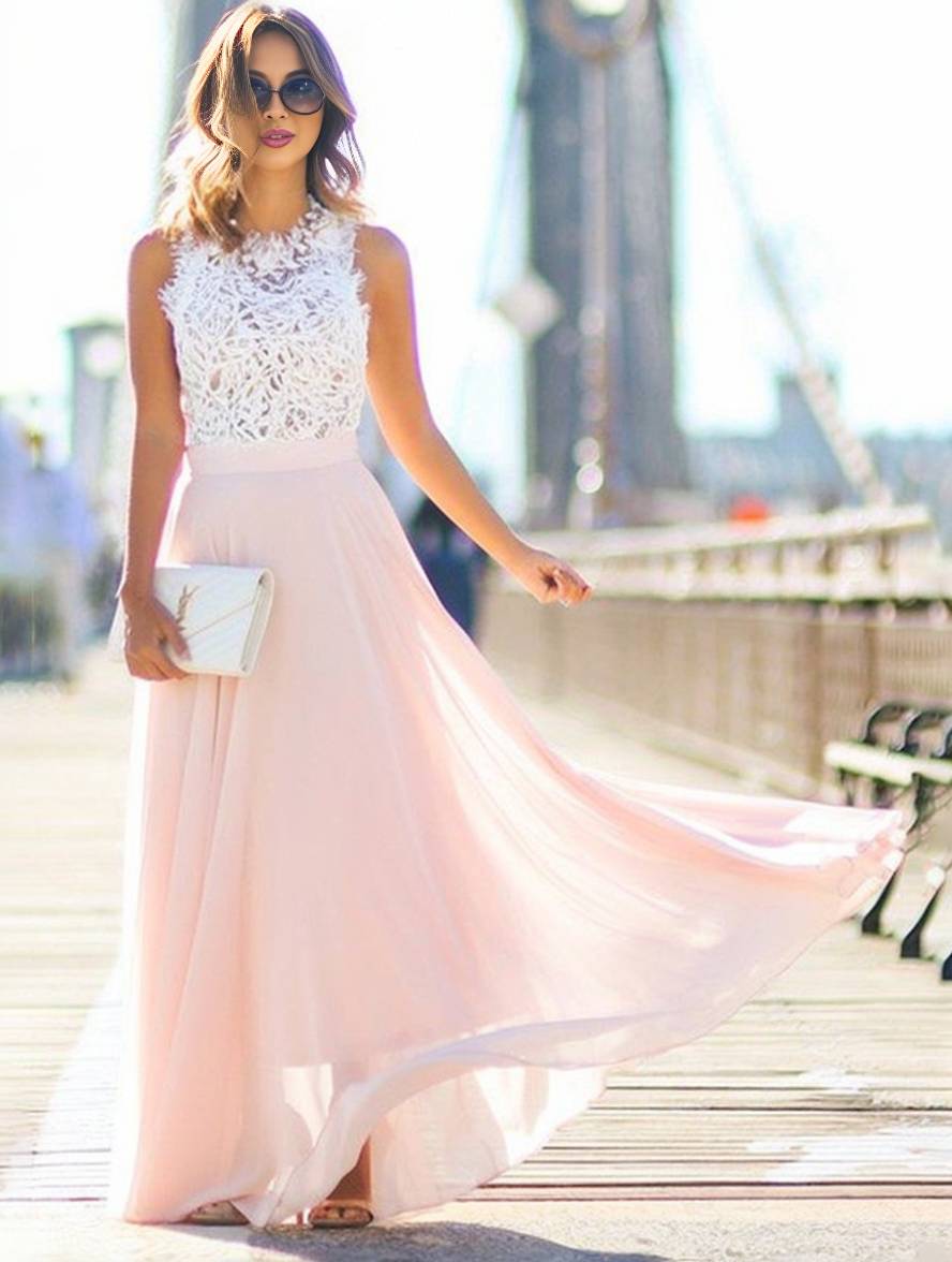 Valenzora | Langes Brautjungfernkleid Spitze Chiffon fließend Rundhals Ärmellos Elegant Rosa und Weiß