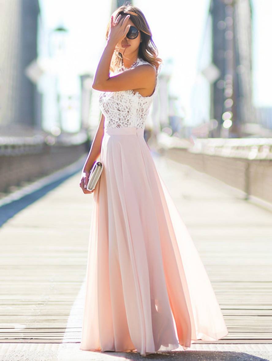 Valenzora | Langes Brautjungfernkleid Spitze Chiffon fließend Rundhals Ärmellos Elegant Rosa und Weiß