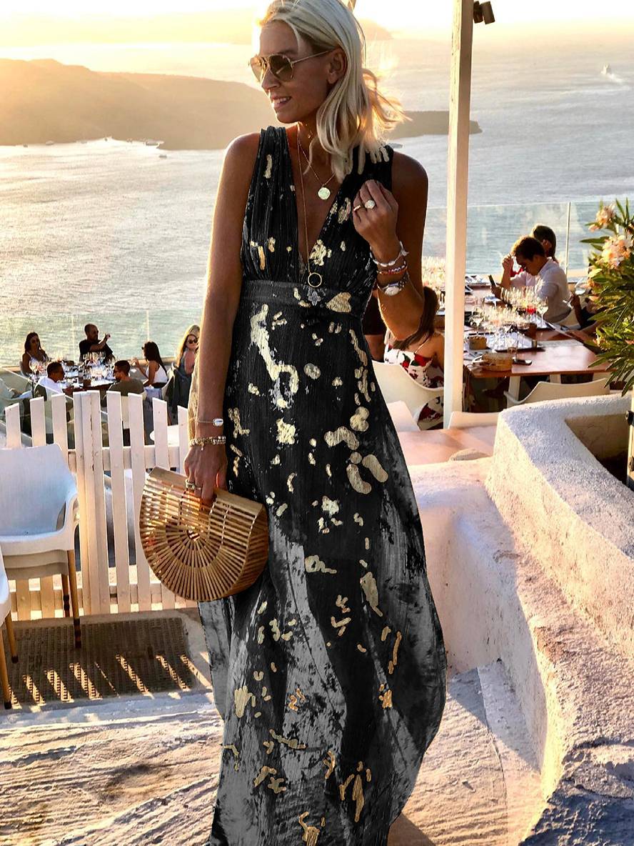 Valenzora | Long Bronze Dress, Shiny Sequins, V-Neck, Sleeveless, Elegant Women's Evening Dress, Beach