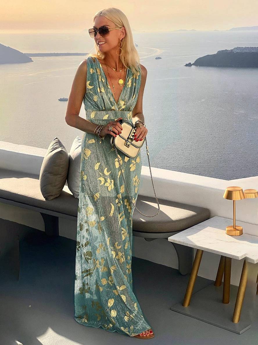 Valenzora | Long Bronze Dress, Shiny Sequins, V-Neck, Sleeveless, Elegant Women's Evening Dress, Beach