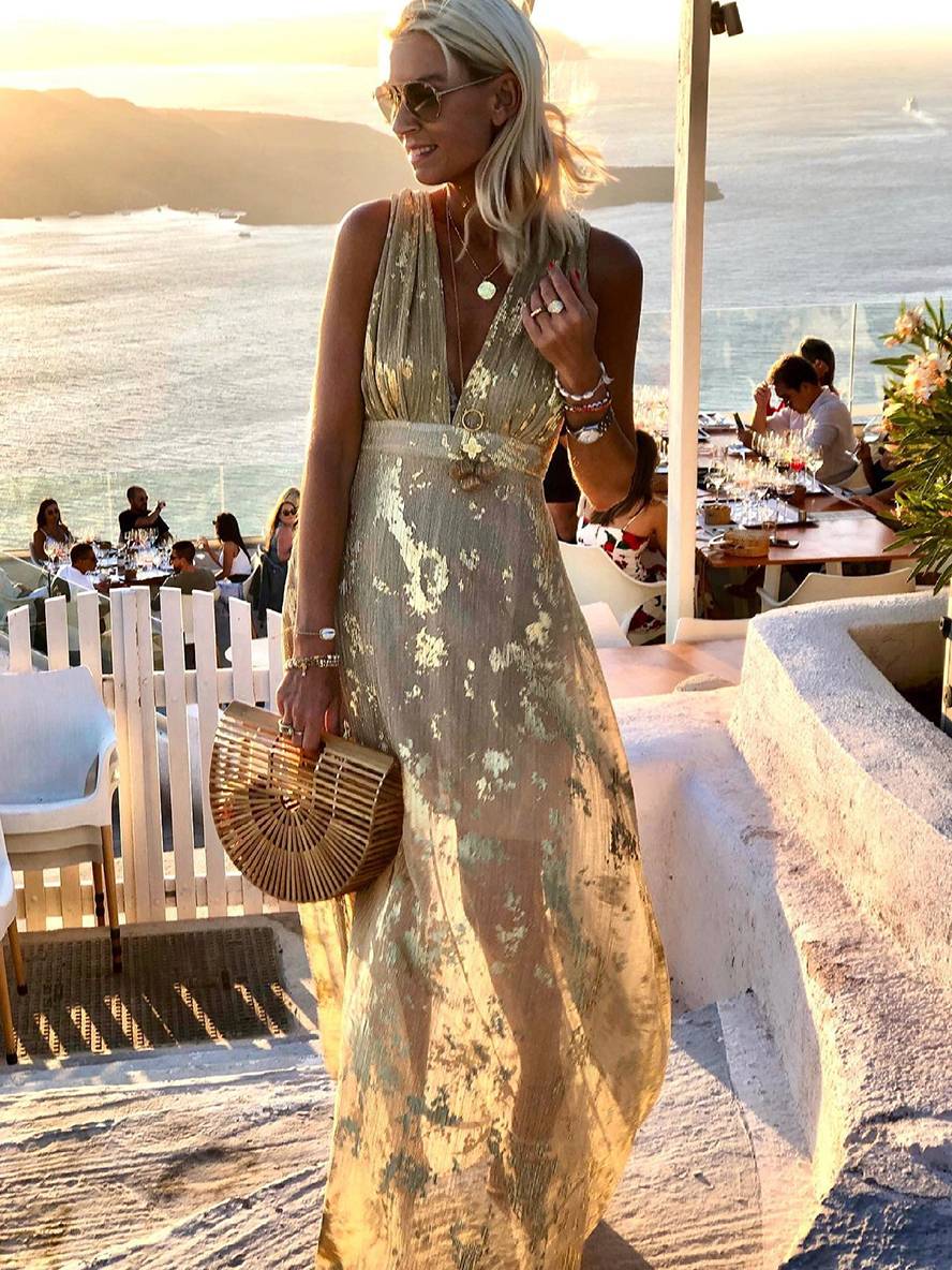 Valenzora | Long Bronze Dress, Shiny Sequins, V-Neck, Sleeveless, Elegant Women's Evening Dress, Beach