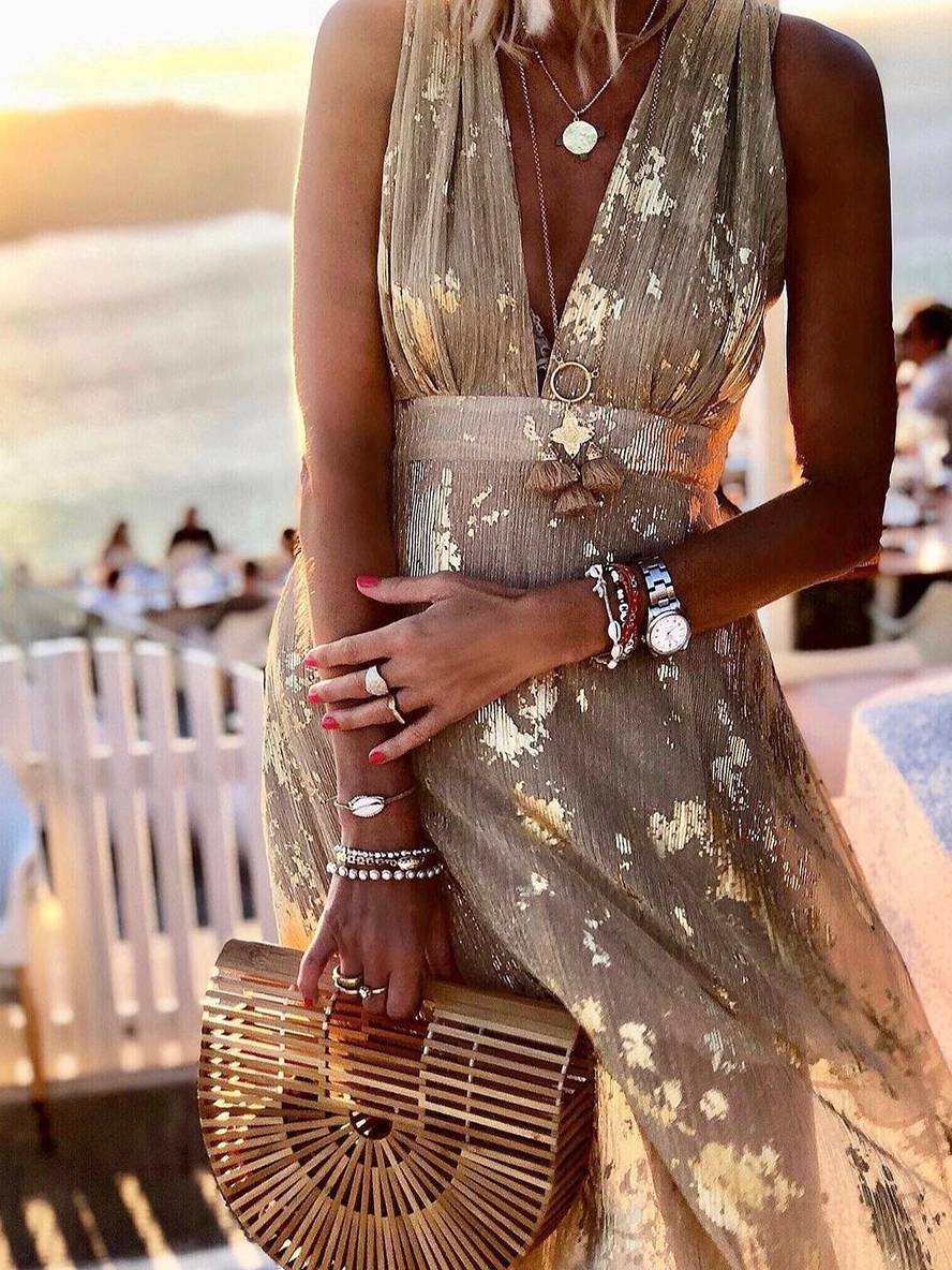 Valenzora | Long Bronze Dress, Shiny Sequins, V-Neck, Sleeveless, Elegant Women's Evening Dress, Beach