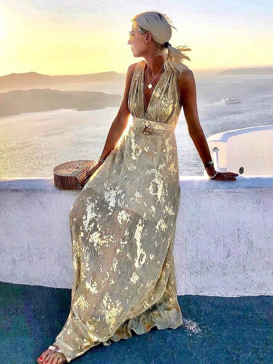 Valenzora | Long Bronze Dress, Shiny Sequins, V-Neck, Sleeveless, Elegant Women's Evening Dress, Beach