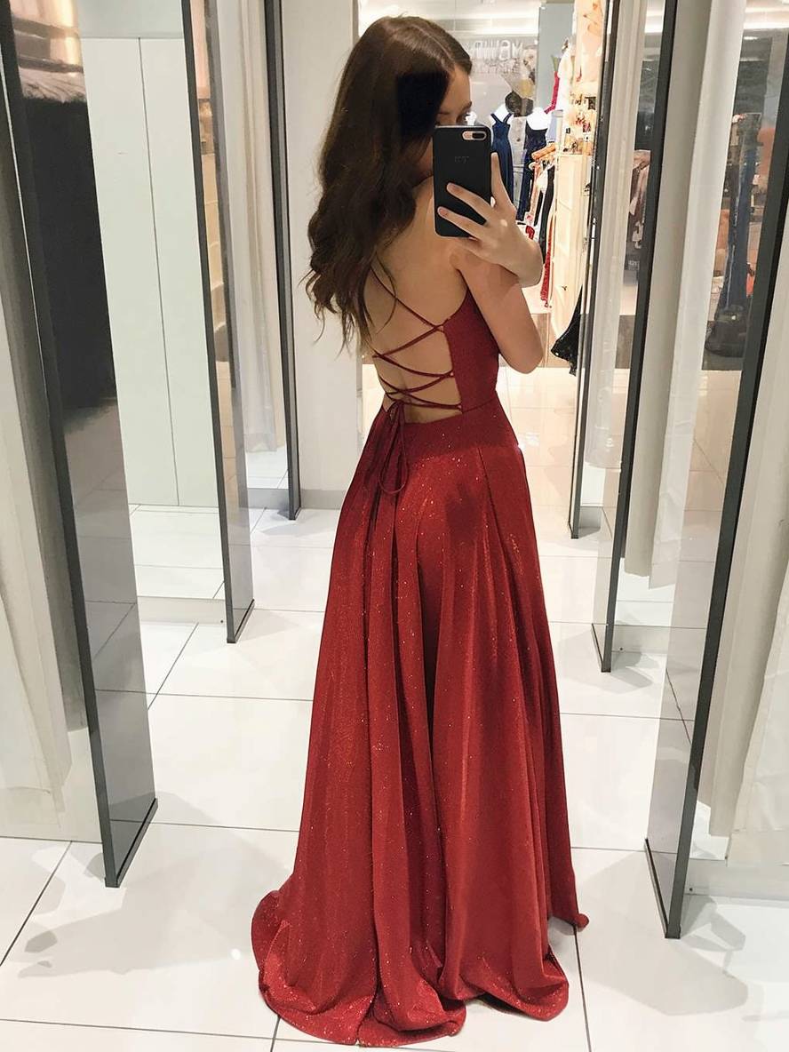 Valenzora | Langes Abendkleid, glänzende Pailletten, tiefer Ausschnitt, fließend, rückenfrei mit Spaghettiträgern, Damen-Abendkleid