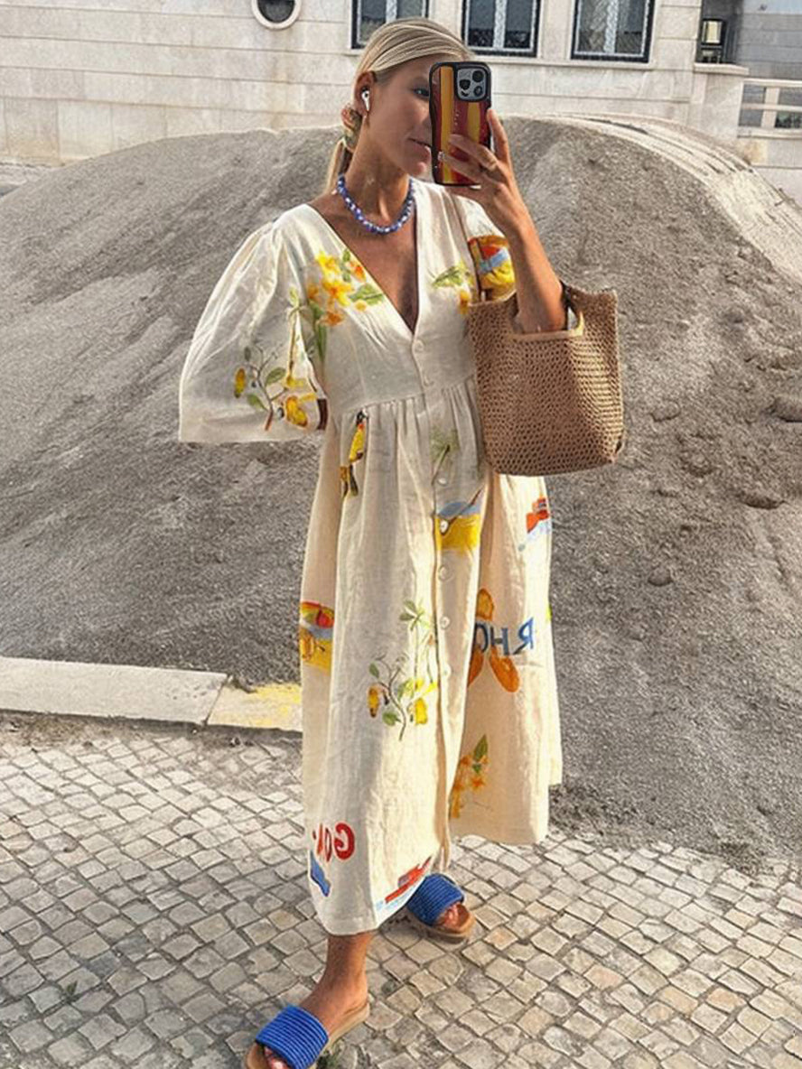 Valenzora | Long dress made of unique printed linen, V-neck, button placket, puff sleeves, short sleeves, women's casual, loose summer dress