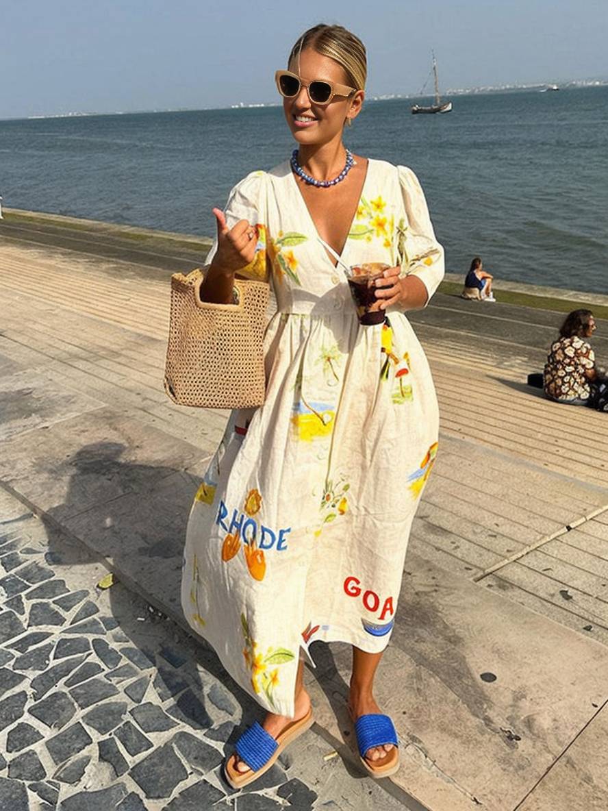 Valenzora | Long dress made of unique printed linen, V-neck, button placket, puff sleeves, short sleeves, women's casual, loose summer dress
