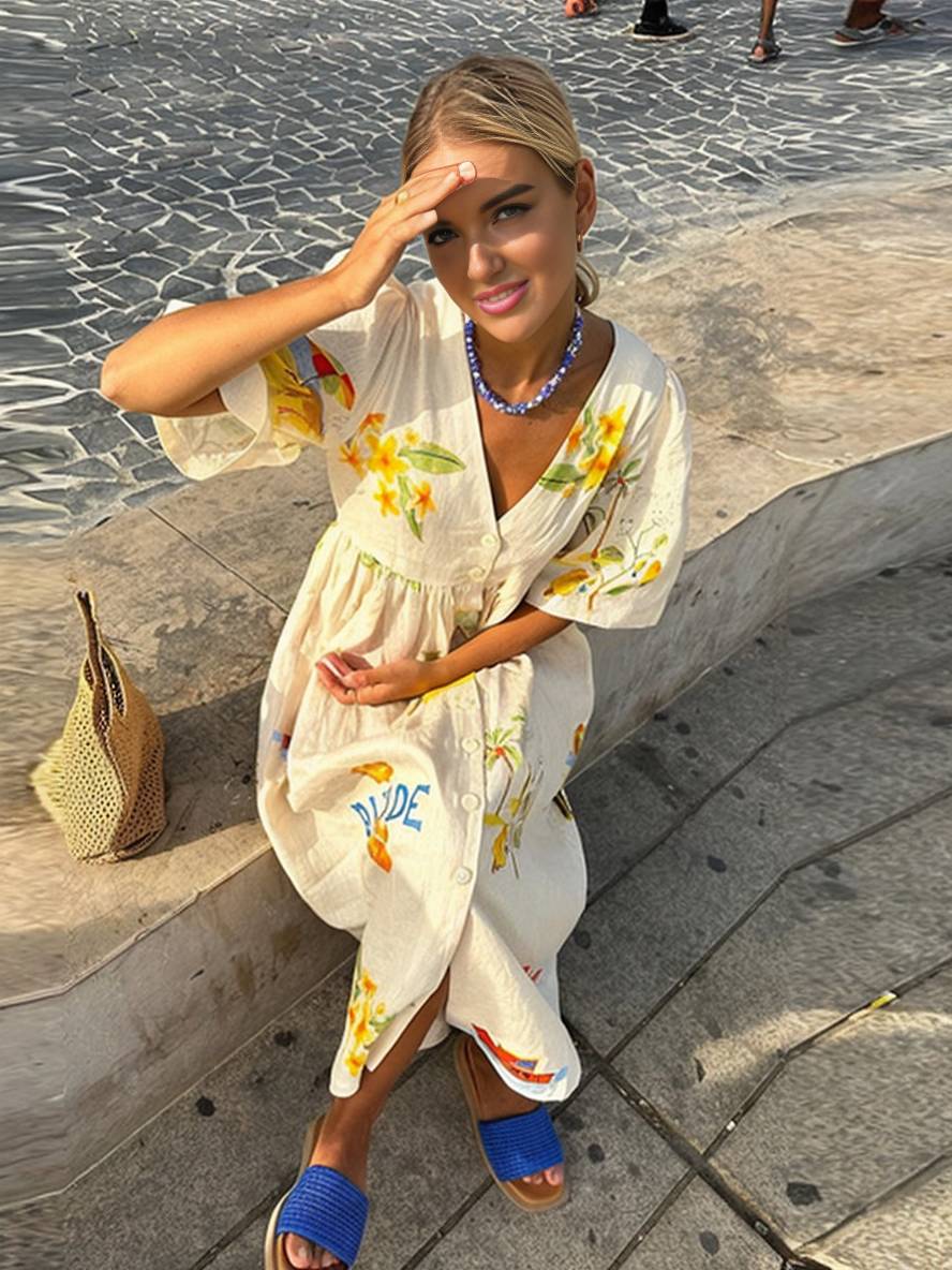 Valenzora | Long dress made of unique printed linen, V-neck, button placket, puff sleeves, short sleeves, women's casual, loose summer dress