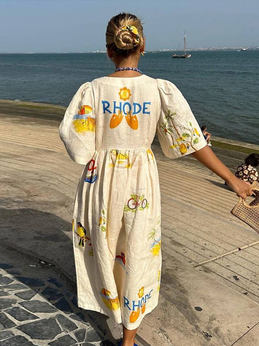 Valenzora | Long dress made of unique printed linen, V-neck, button placket, puff sleeves, short sleeves, women's casual, loose summer dress