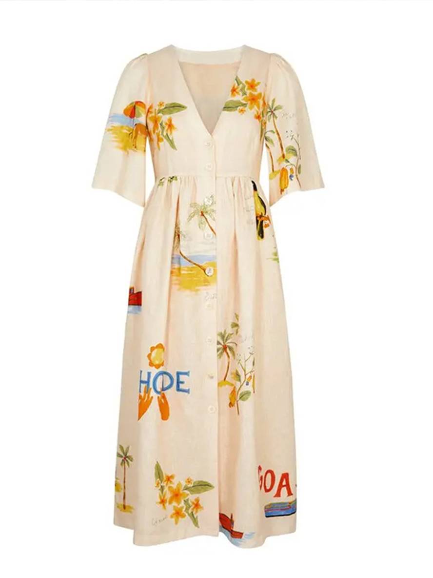 Valenzora | Long dress made of unique printed linen, V-neck, button placket, puff sleeves, short sleeves, women's casual, loose summer dress
