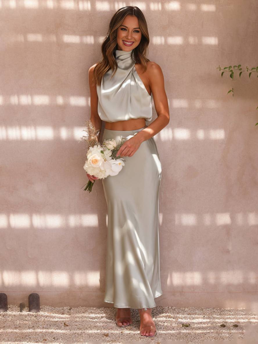 Valenzora | Hochzeitsgastkleid für Damen, Neckholder, ärmellos, elegantes zweiteiliges Abendbrautjungfernkleid