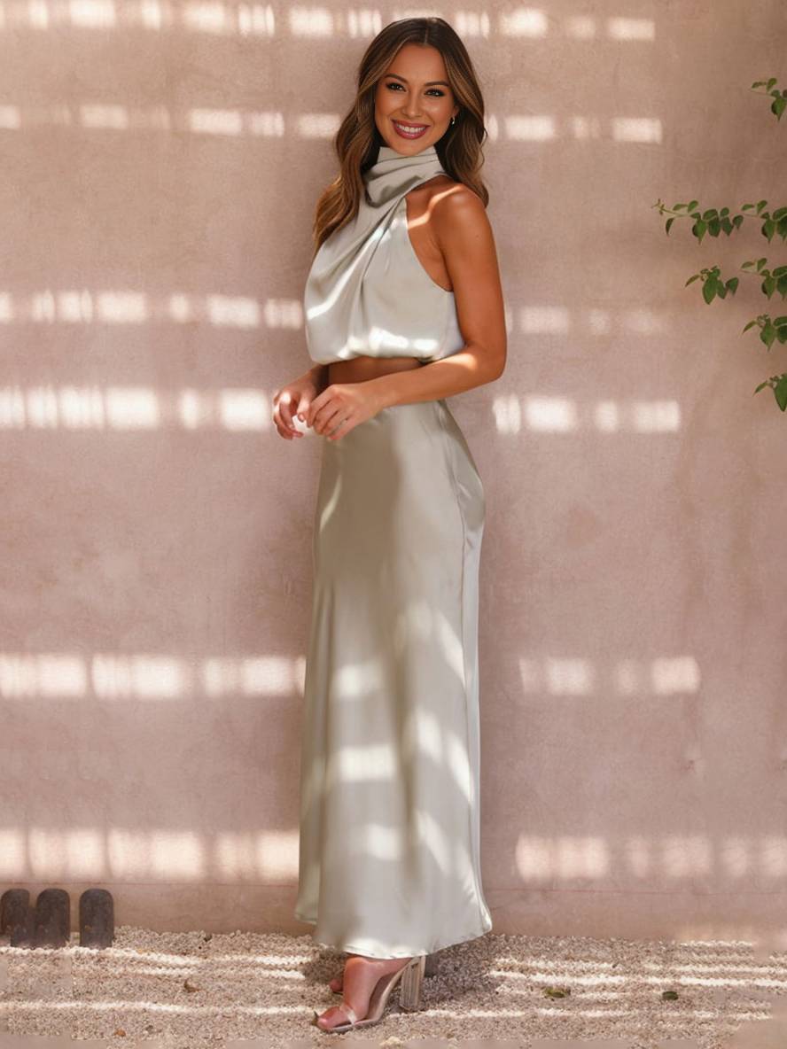 Valenzora | Hochzeitsgastkleid für Damen, Neckholder, ärmellos, elegantes zweiteiliges Abendbrautjungfernkleid