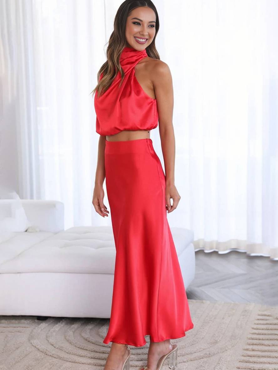 Valenzora | Hochzeitsgastkleid für Damen, Neckholder, ärmellos, elegantes zweiteiliges Abendbrautjungfernkleid