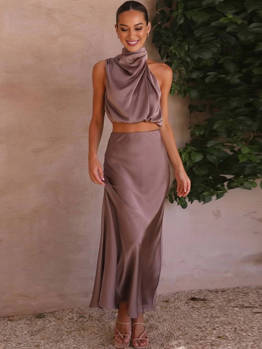 Valenzora | Hochzeitsgastkleid für Damen, Neckholder, ärmellos, elegantes zweiteiliges Abendbrautjungfernkleid