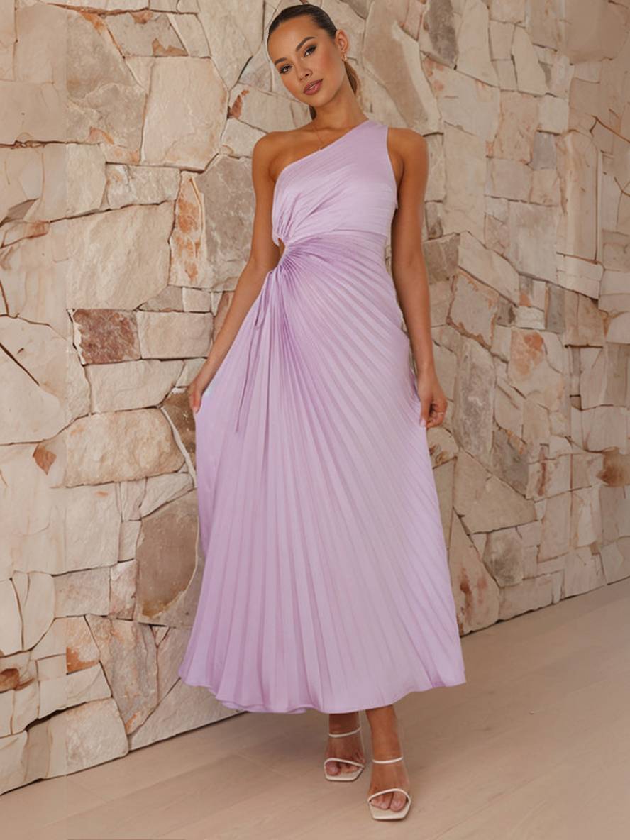 Valenzora | Langes plissiertes Trapezkleid, One Shoulder, ärmellos, elegant für Damen, Ball, Abschlussball, Gast, Hochzeit, Cocktail