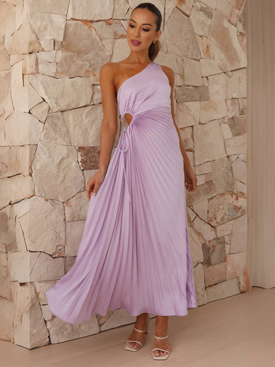 Valenzora | Langes plissiertes Trapezkleid, One Shoulder, ärmellos, elegant für Damen, Ball, Abschlussball, Gast, Hochzeit, Cocktail