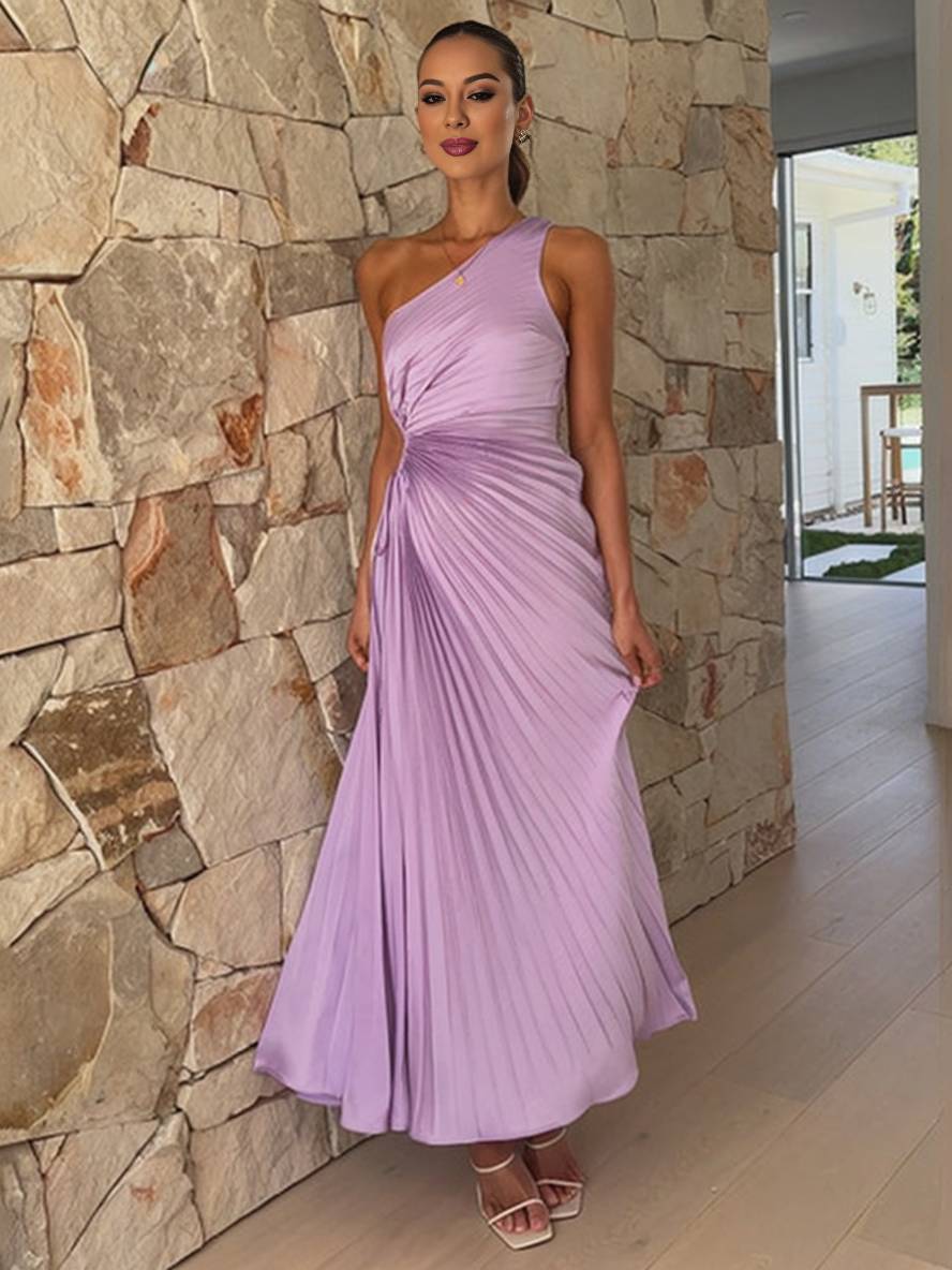 Valenzora | Langes plissiertes Trapezkleid, One Shoulder, ärmellos, elegant für Damen, Ball, Abschlussball, Gast, Hochzeit, Cocktail