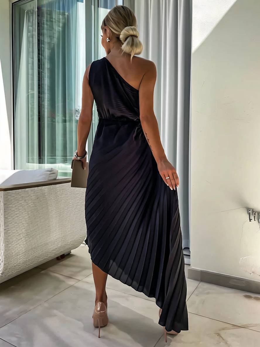 Valenzora | Long One-Shoulder Pleated Dress Sleeveless Feminine Elegant Casual Prom Beach