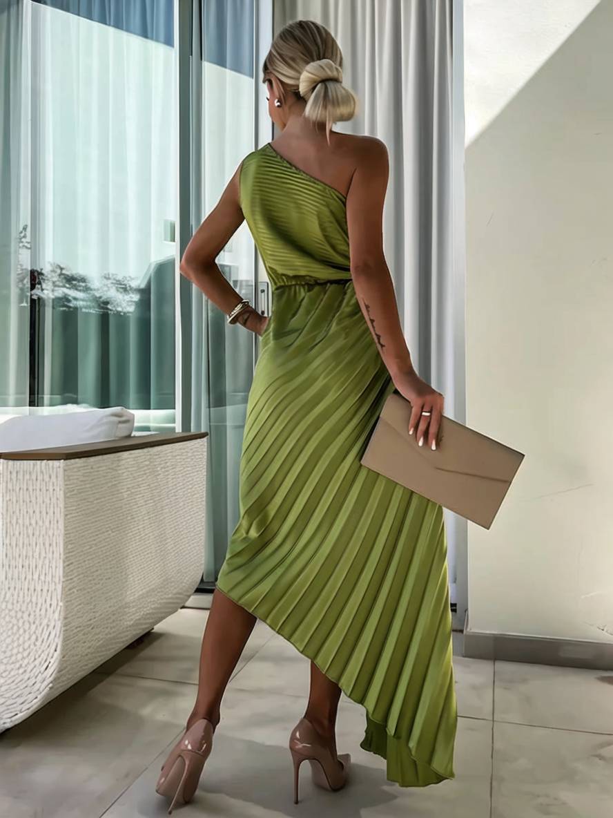 Valenzora | Long One-Shoulder Pleated Dress Sleeveless Feminine Elegant Casual Prom Beach