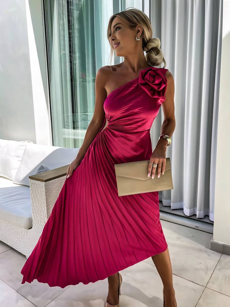 Valenzora | Long One-Shoulder Pleated Dress Sleeveless Feminine Elegant Casual Prom Beach