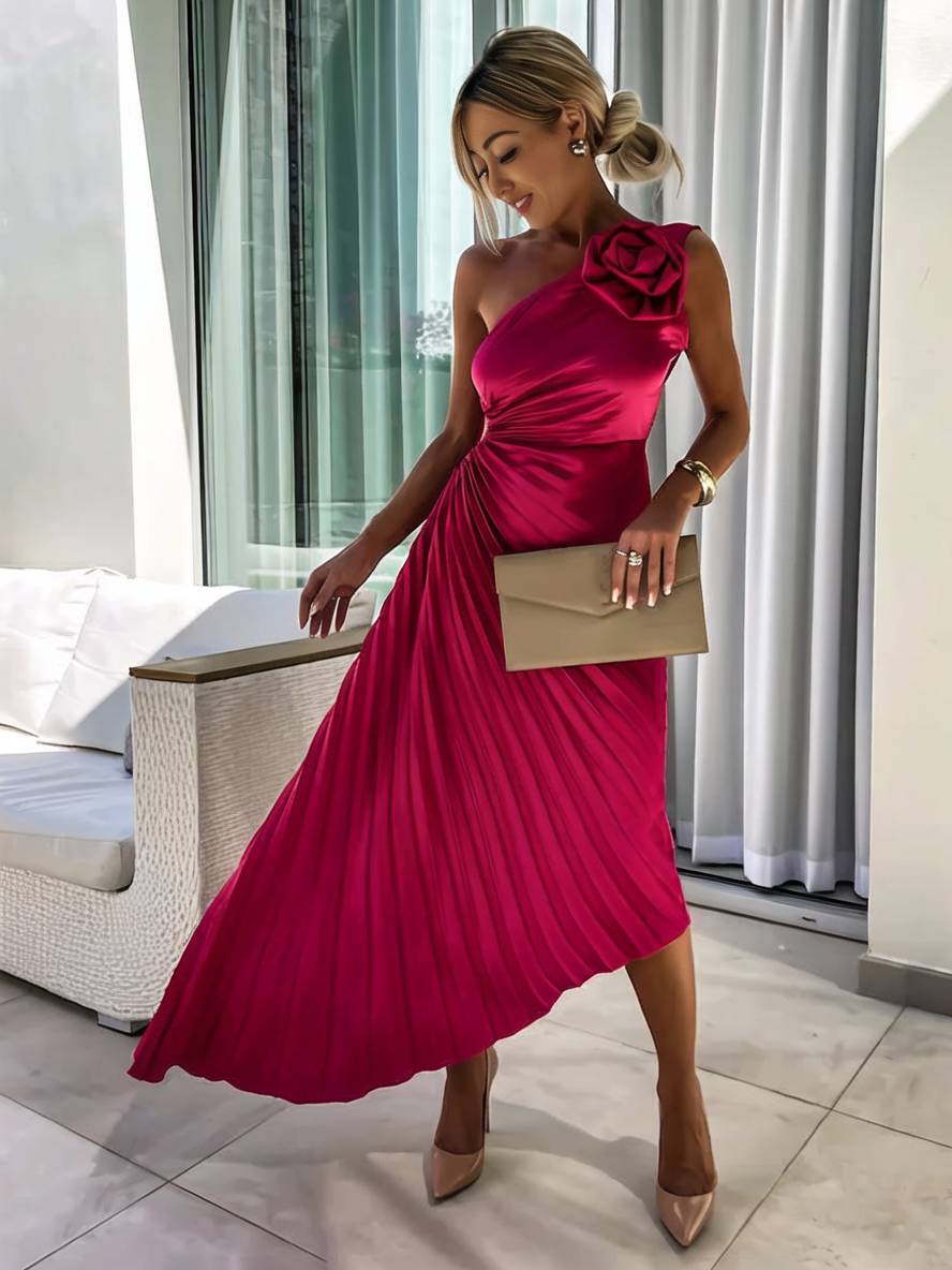 Valenzora | Long One-Shoulder Pleated Dress Sleeveless Feminine Elegant Casual Prom Beach