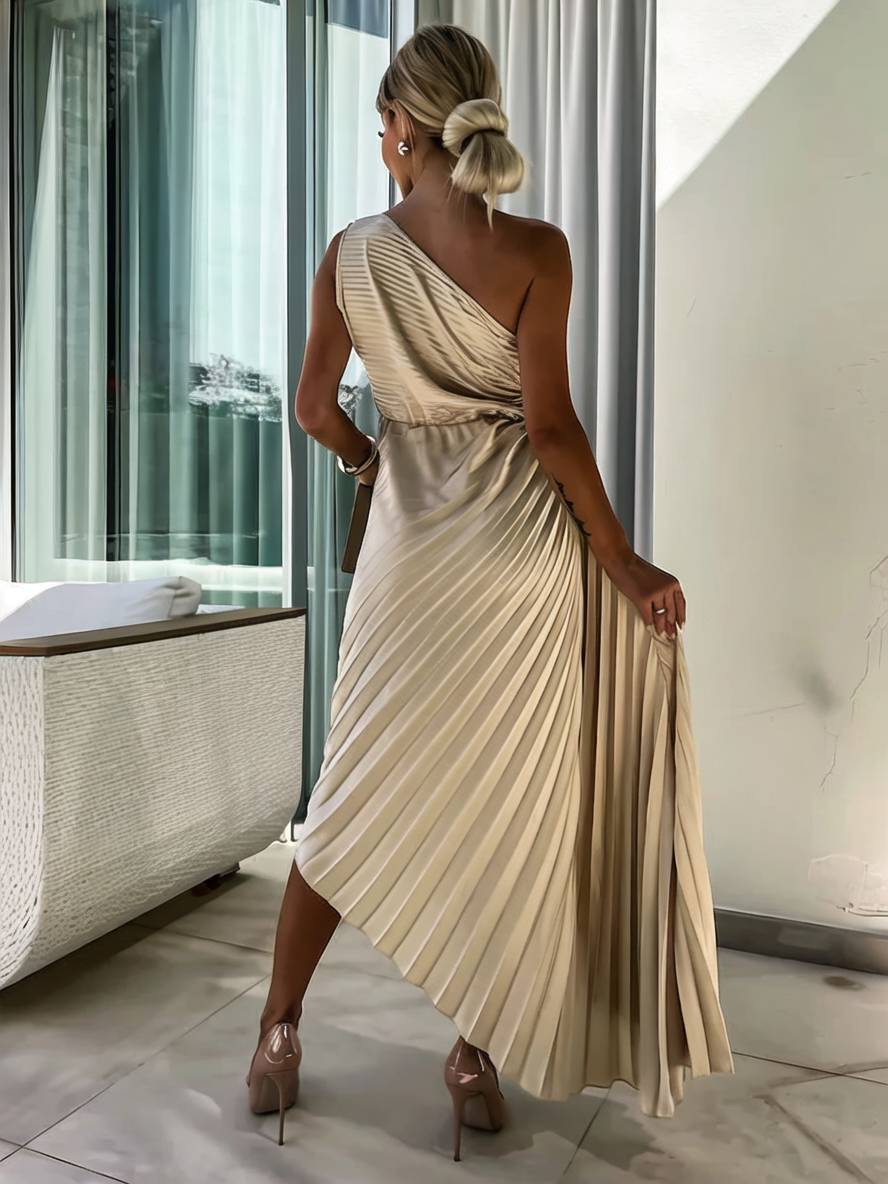 Valenzora | Long One-Shoulder Pleated Dress Sleeveless Feminine Elegant Casual Prom Beach