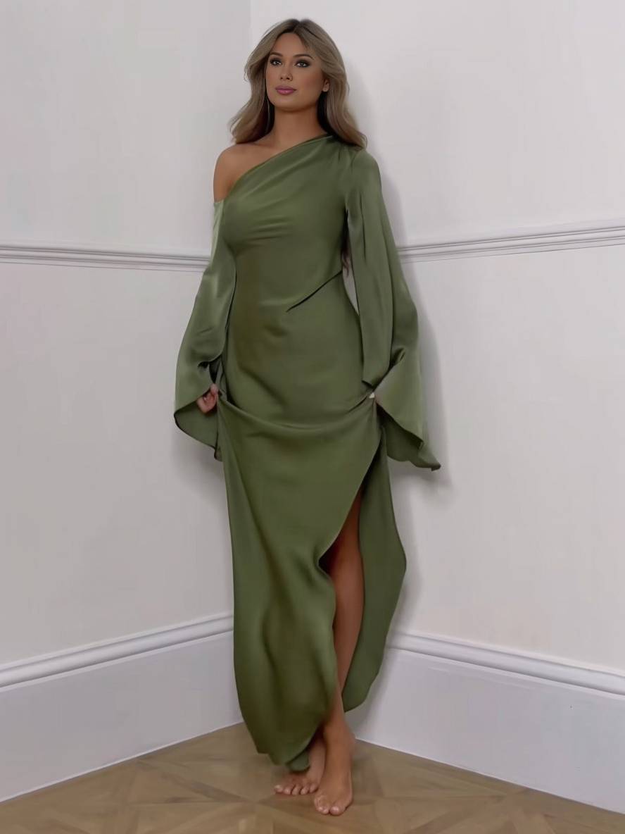 Valenzora | Long One Shoulder Split Dress Silk Trumpet Sleeves Long Sleeves Women's Elegant Prom Dress