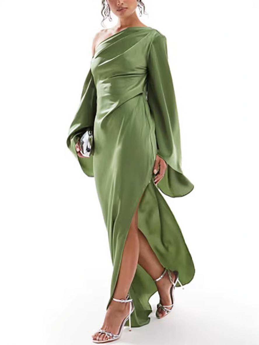 Valenzora | Long One Shoulder Split Dress Silk Trumpet Sleeves Long Sleeves Women's Elegant Prom Dress