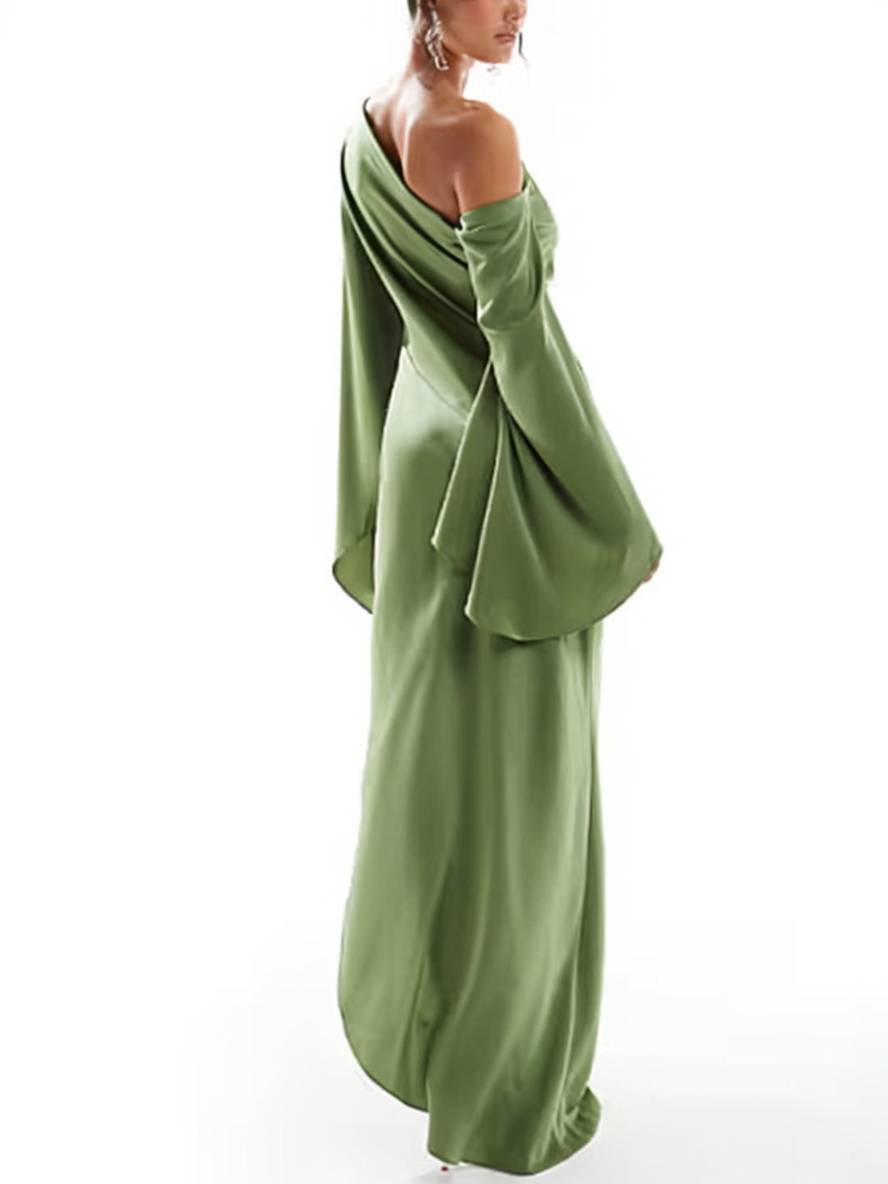 Valenzora | Long One Shoulder Split Dress Silk Trumpet Sleeves Long Sleeves Women's Elegant Prom Dress