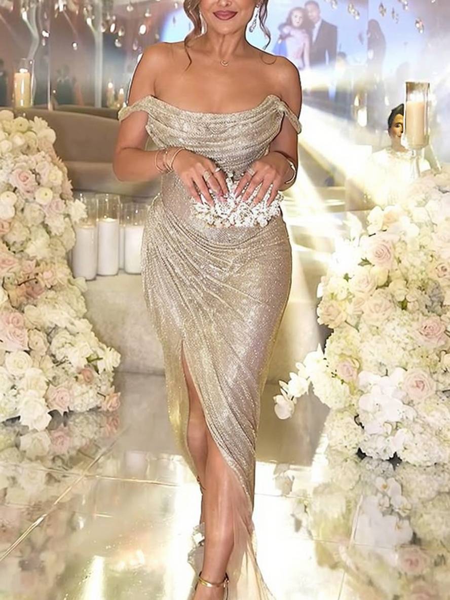 Valenzora | Langes Kleid, glänzende Pailletten, U-Boot-Ausschnitt, unregelmäßiger Seitenschlitz, ärmellos, elegantes Abendkleid für Hochzeiten