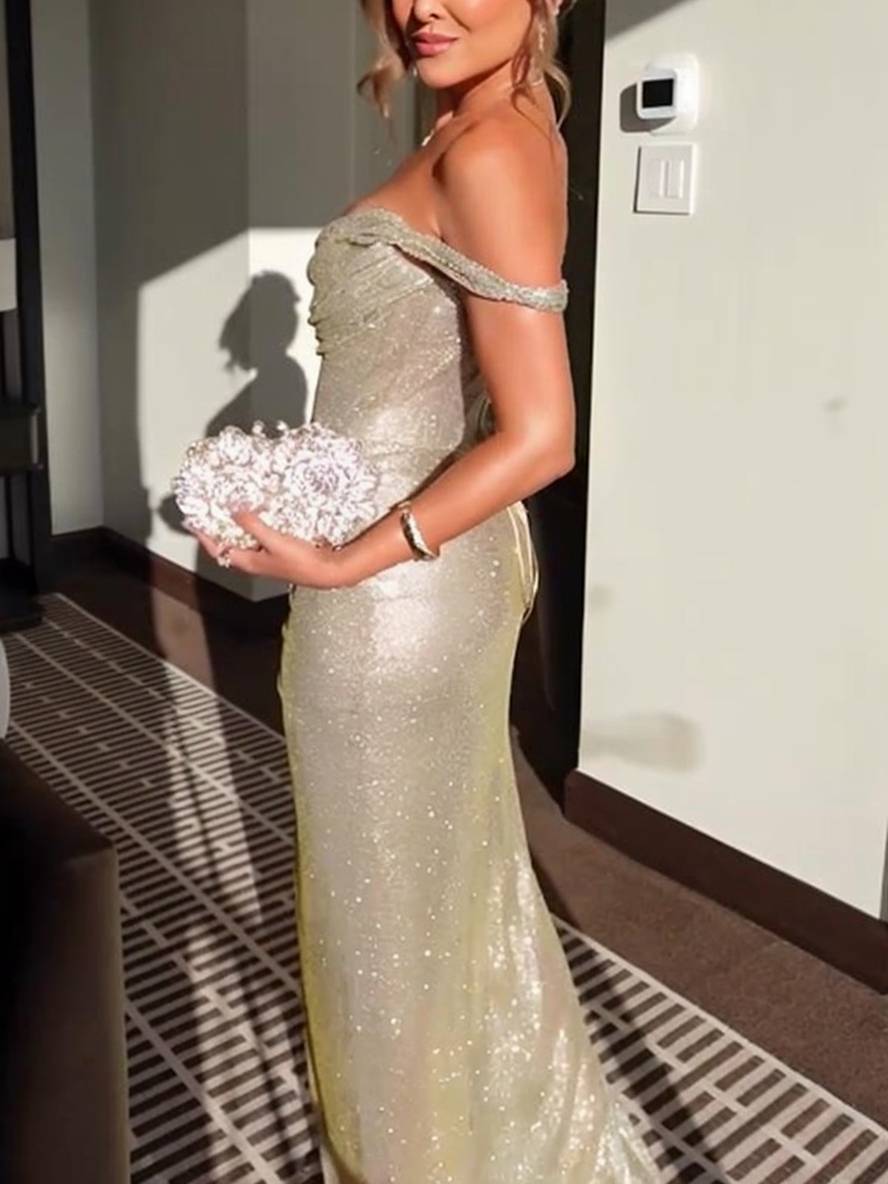 Valenzora | Langes Kleid, glänzende Pailletten, U-Boot-Ausschnitt, unregelmäßiger Seitenschlitz, ärmellos, elegantes Abendkleid für Hochzeiten