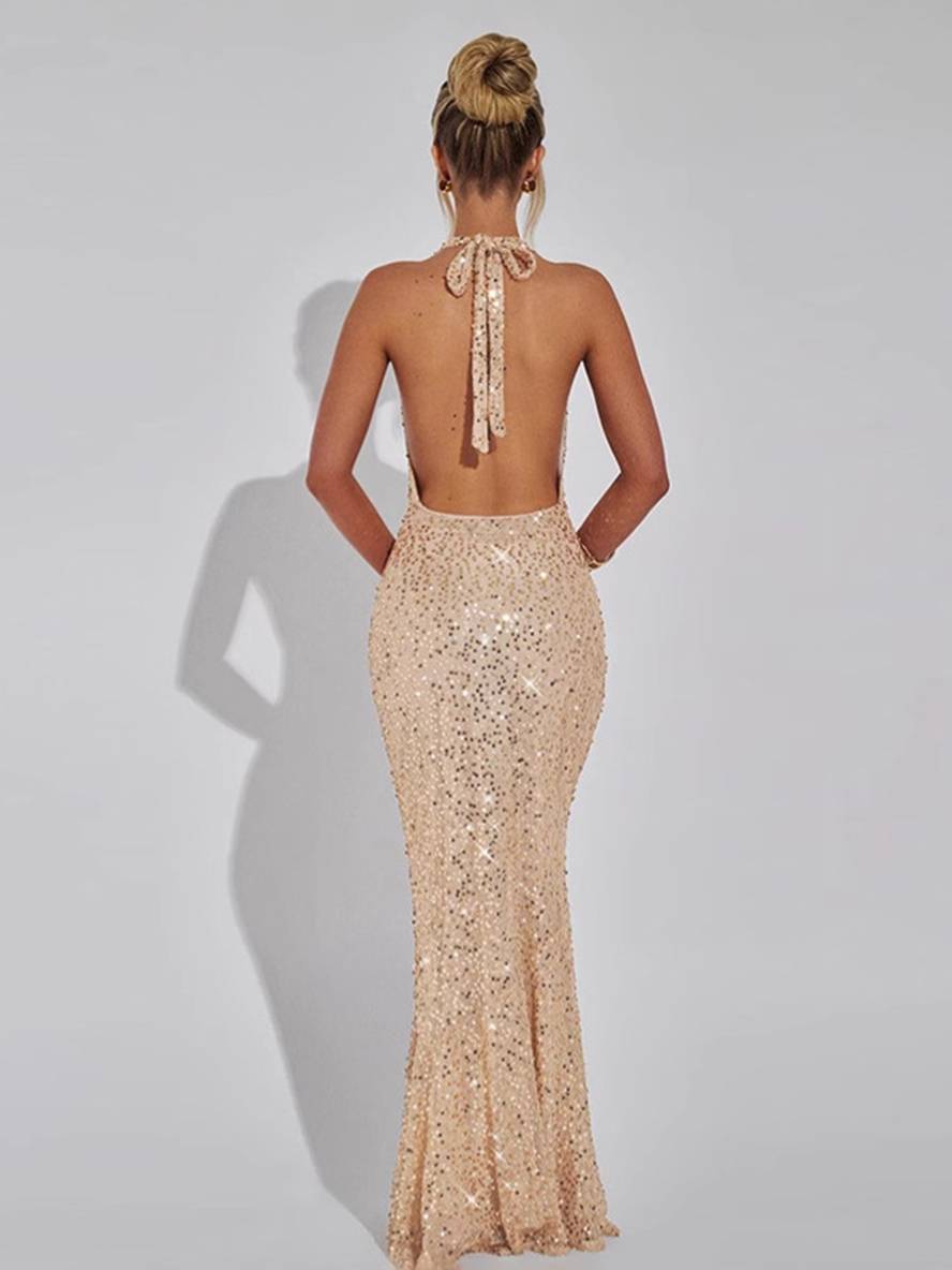 Valenzora | Langes, glänzendes Pailletten-Meerjungfrauenkleid mit tiefem Ausschnitt, Neckholder, rückenfrei, ärmellos, elegantes Abendkleid für Damen