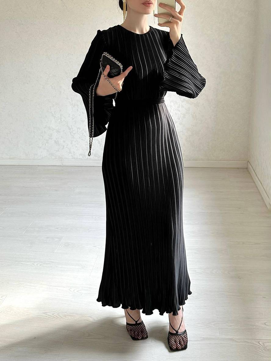 Valenzora | Long Flowing Dress Belt Round Neck Trumpet Sleeves Elegant Prom Evening