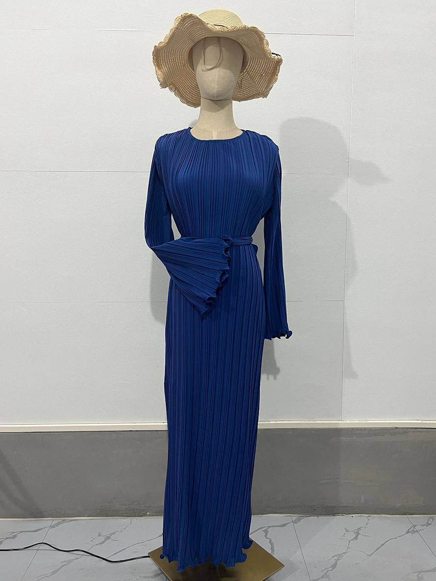 Valenzora | Long Flowing Dress Belt Round Neck Trumpet Sleeves Elegant Prom Evening