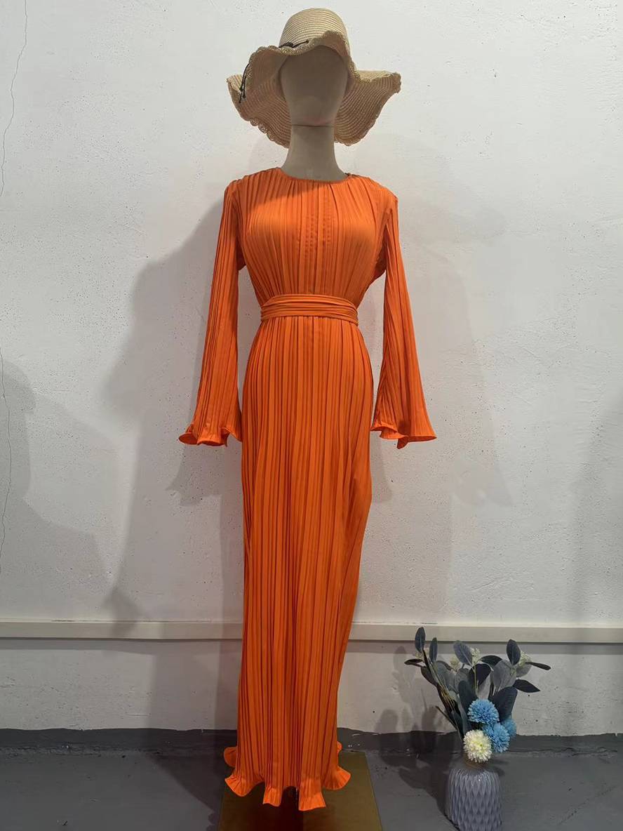 Valenzora | Long Flowing Dress Belt Round Neck Trumpet Sleeves Elegant Prom Evening