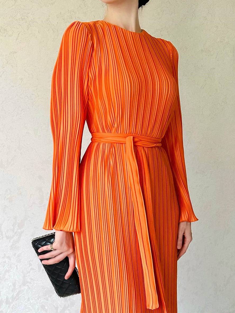 Valenzora | Long Flowing Dress Belt Round Neck Trumpet Sleeves Elegant Prom Evening