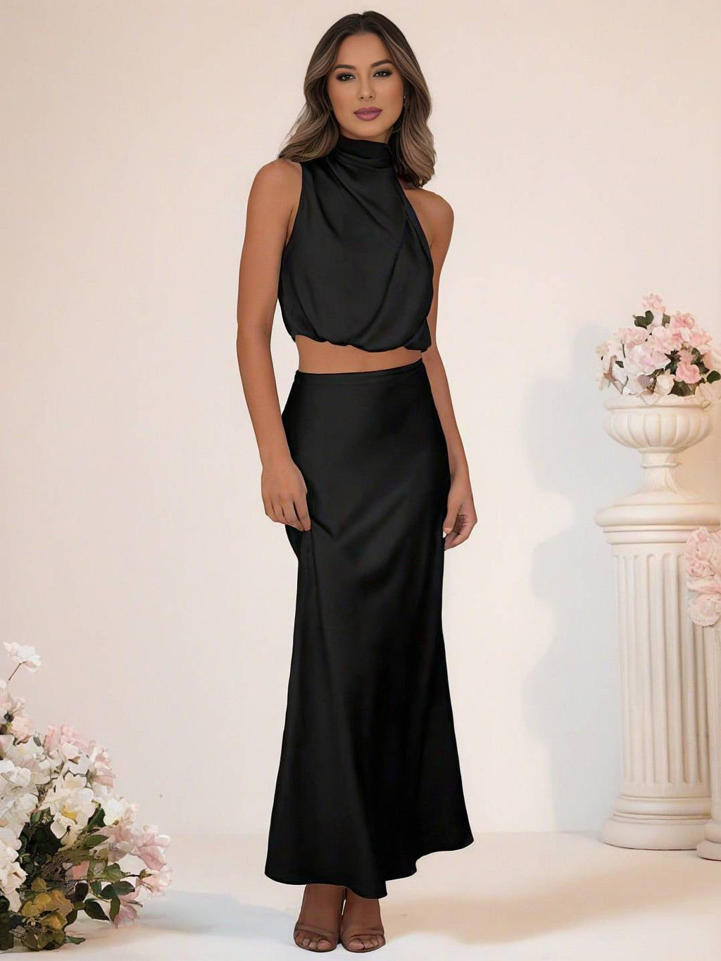 Valenzora | Brautjungfernkleid Satin Rollkragen Ärmellos Kurzer Langer Rock Damen Elegantes Trauzeugin Kleid