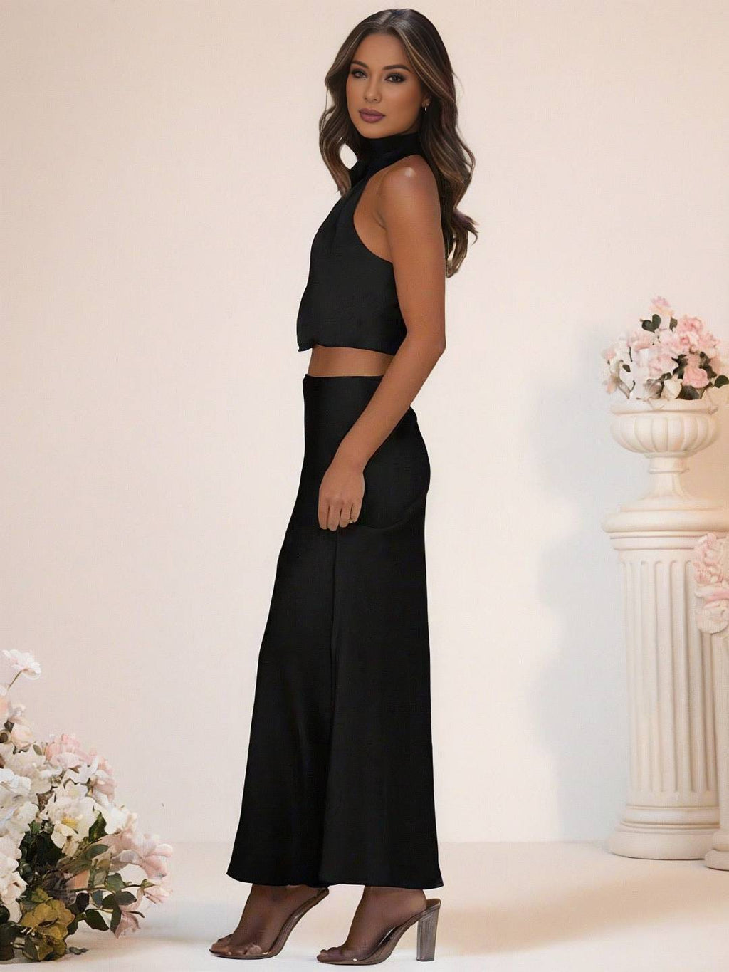 Valenzora | Brautjungfernkleid Satin Rollkragen Ärmellos Kurzer Langer Rock Damen Elegantes Trauzeugin Kleid