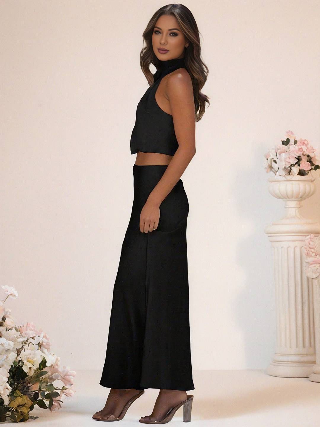 Valenzora | Brautjungfernkleid Satin Rollkragen Ärmellos Kurzer Langer Rock Damen Elegantes Trauzeugin Kleid