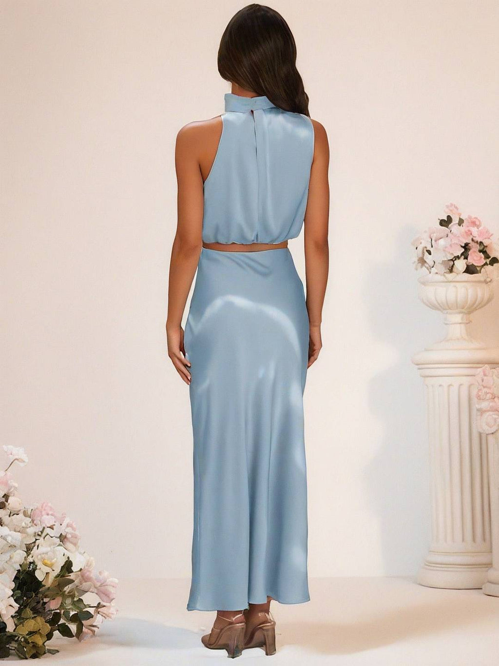 Valenzora | Brautjungfernkleid Satin Rollkragen Ärmellos Kurzer Langer Rock Damen Elegantes Trauzeugin Kleid