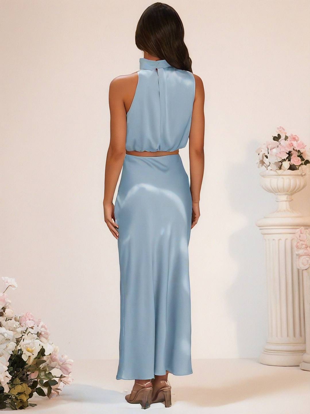 Valenzora | Brautjungfernkleid Satin Rollkragen Ärmellos Kurzer Langer Rock Damen Elegantes Trauzeugin Kleid