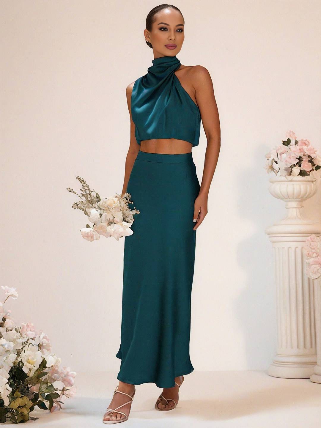 Valenzora | Brautjungfernkleid Satin Rollkragen Ärmellos Kurzer Langer Rock Damen Elegantes Trauzeugin Kleid