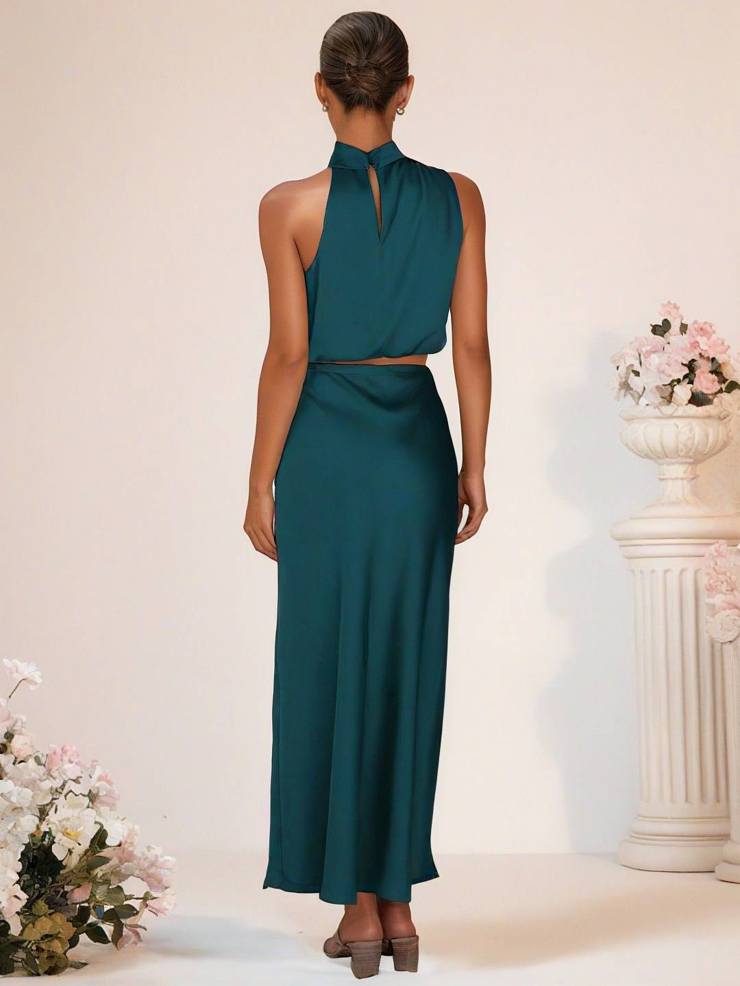 Valenzora | Brautjungfernkleid Satin Rollkragen Ärmellos Kurzer Langer Rock Damen Elegantes Trauzeugin Kleid