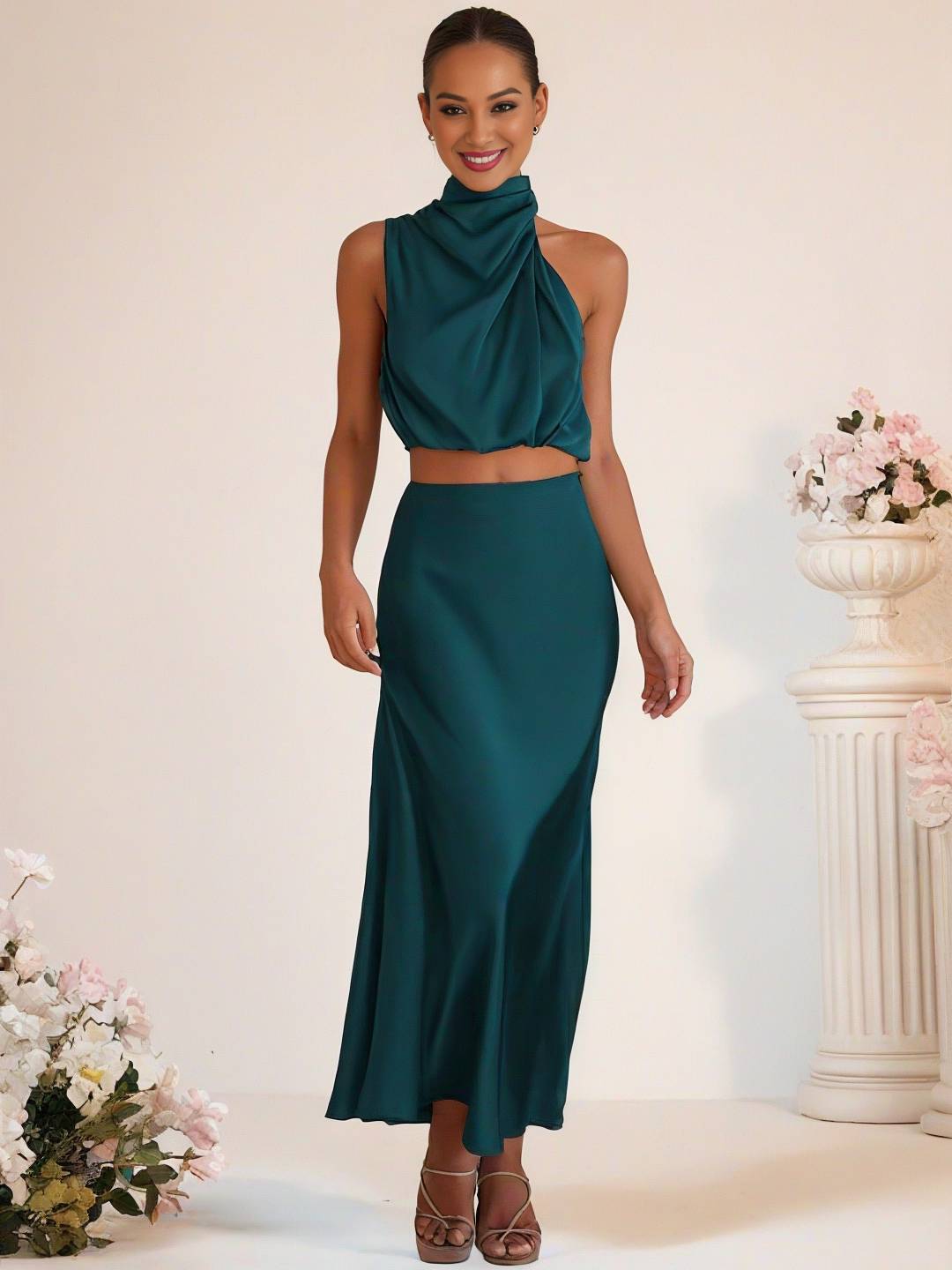 Valenzora | Brautjungfernkleid Satin Rollkragen Ärmellos Kurzer Langer Rock Damen Elegantes Trauzeugin Kleid