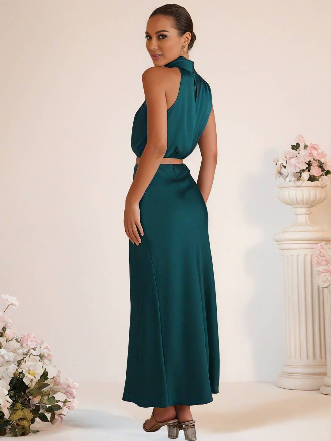 Valenzora | Brautjungfernkleid Satin Rollkragen Ärmellos Kurzer Langer Rock Damen Elegantes Trauzeugin Kleid