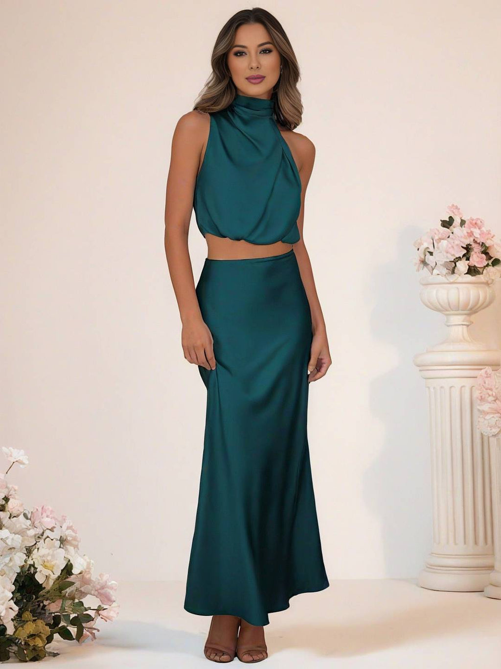 Valenzora | Brautjungfernkleid Satin Rollkragen Ärmellos Kurzer Langer Rock Damen Elegantes Trauzeugin Kleid