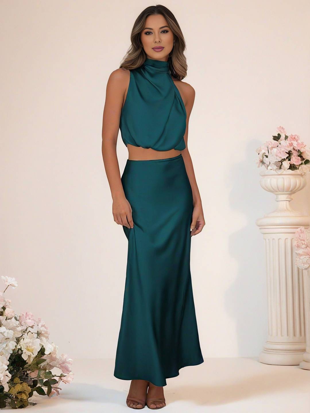 Valenzora | Brautjungfernkleid Satin Rollkragen Ärmellos Kurzer Langer Rock Damen Elegantes Trauzeugin Kleid