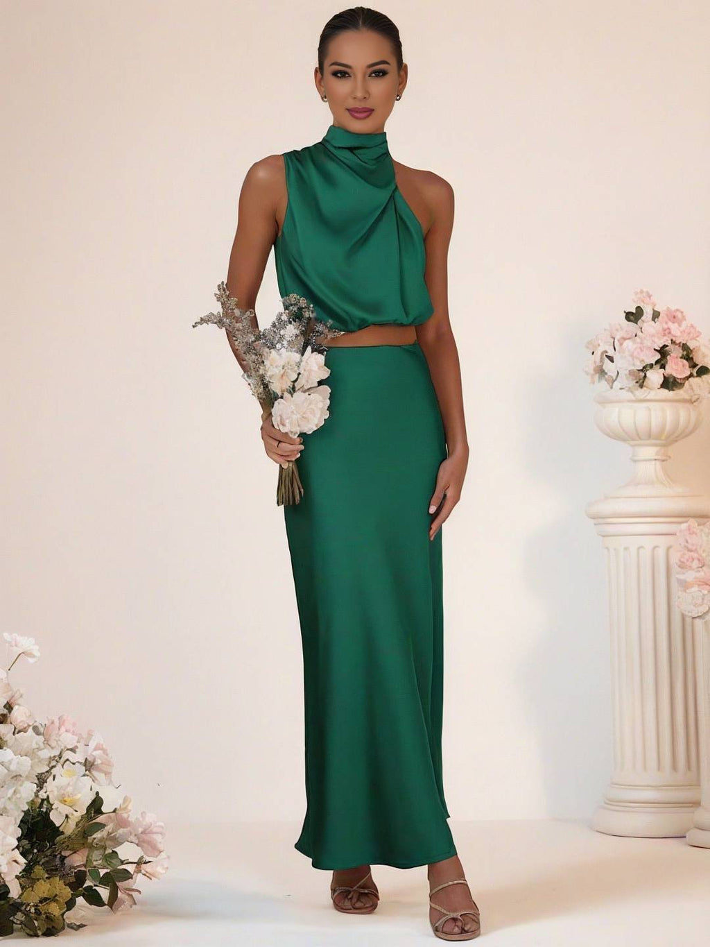Valenzora | Brautjungfernkleid Satin Rollkragen Ärmellos Kurzer Langer Rock Damen Elegantes Trauzeugin Kleid