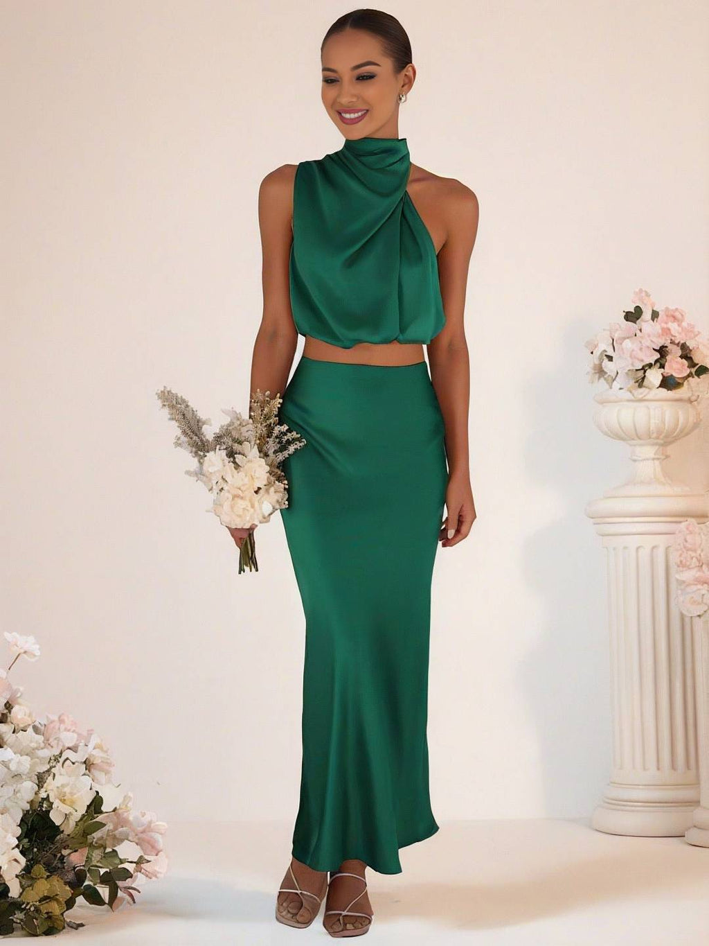 Valenzora | Brautjungfernkleid Satin Rollkragen Ärmellos Kurzer Langer Rock Damen Elegantes Trauzeugin Kleid