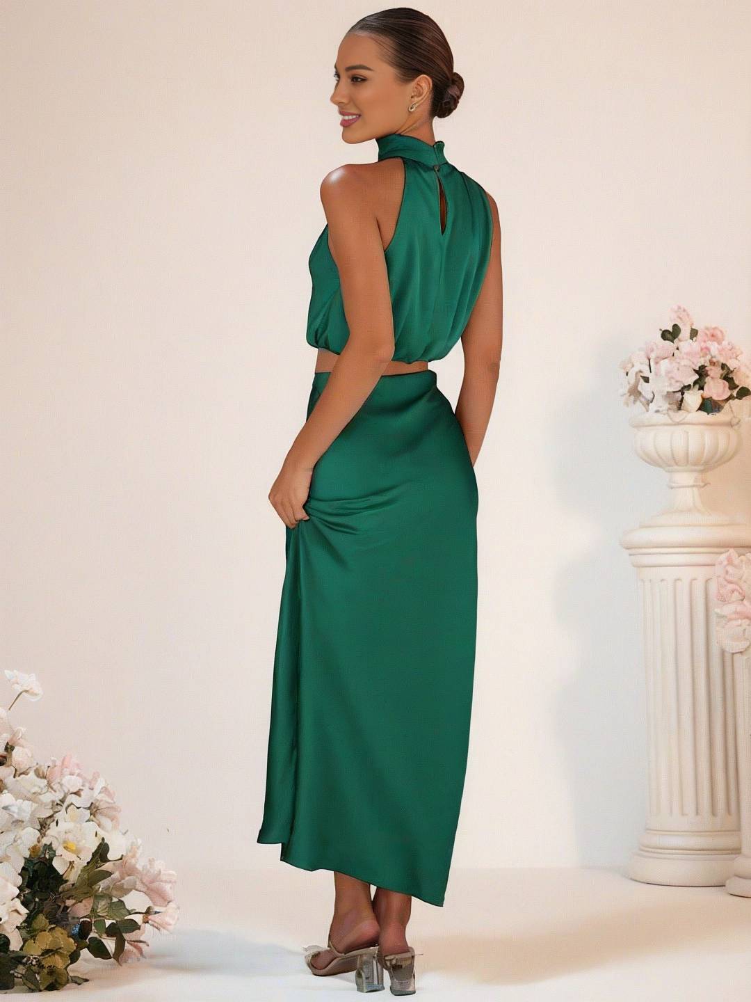 Valenzora | Brautjungfernkleid Satin Rollkragen Ärmellos Kurzer Langer Rock Damen Elegantes Trauzeugin Kleid