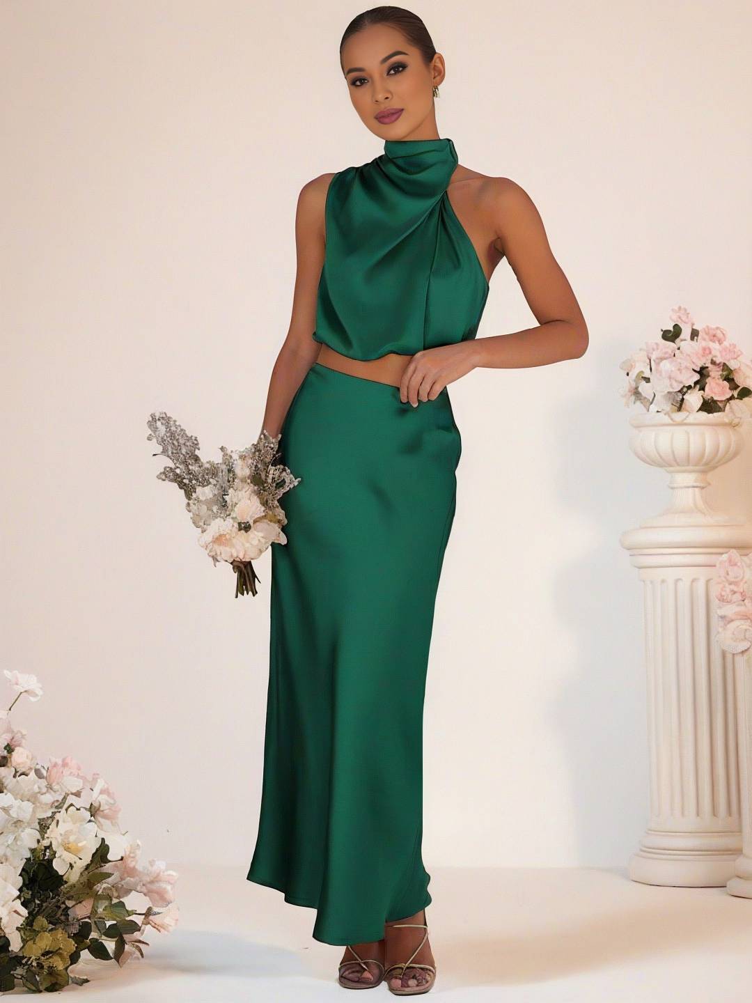 Valenzora | Brautjungfernkleid Satin Rollkragen Ärmellos Kurzer Langer Rock Damen Elegantes Trauzeugin Kleid